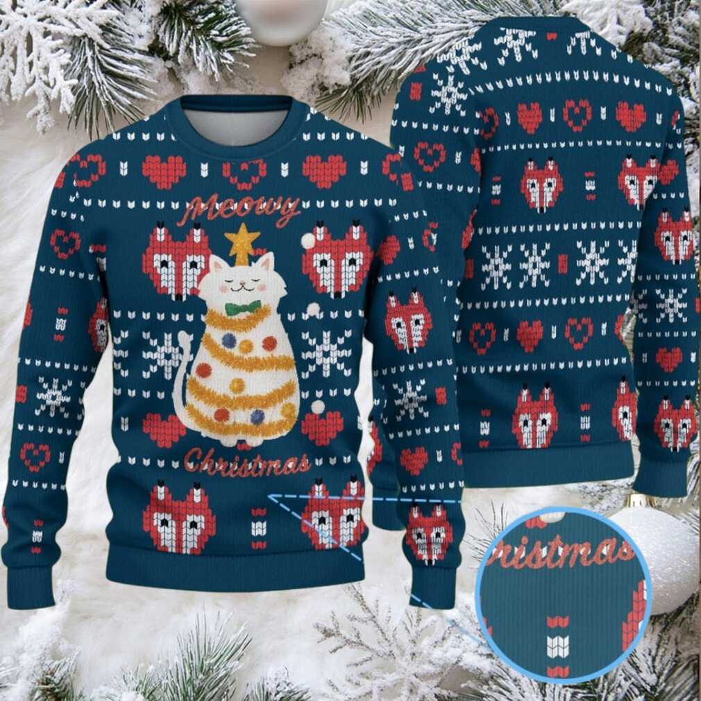 Navy Fair Isle Ugly Christmas Sweater Stranger Things Meowy Christmas Cat Fox and Snowflake Pattern Navy Fair Isle Ugly Christmas Sweater Stranger Things Meowy Christmas Cat Fox and Snowflake Pattern