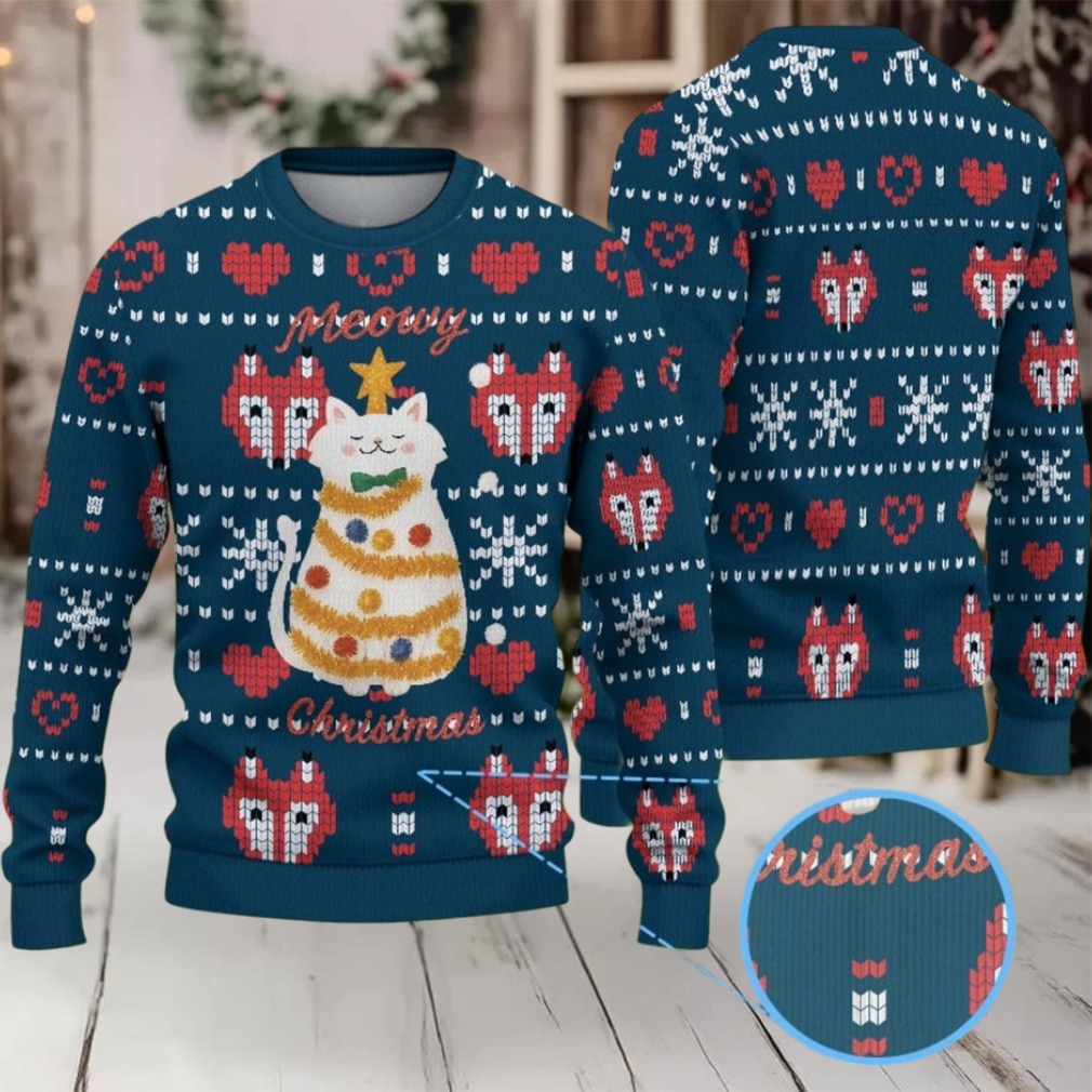 Navy Fair Isle Ugly Christmas Sweater Stranger Things Meowy Christmas Cat Fox and Snowflake Pattern Navy Fair Isle Ugly Christmas Sweater Stranger Things Meowy Christmas Cat Fox and Snowflake Pattern