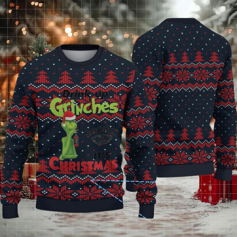Navy and Red Fair Isle Ugly Christmas Sweater Jack Daniel’s Whiskey with Grinch Christmas Trees and Heart Pattern