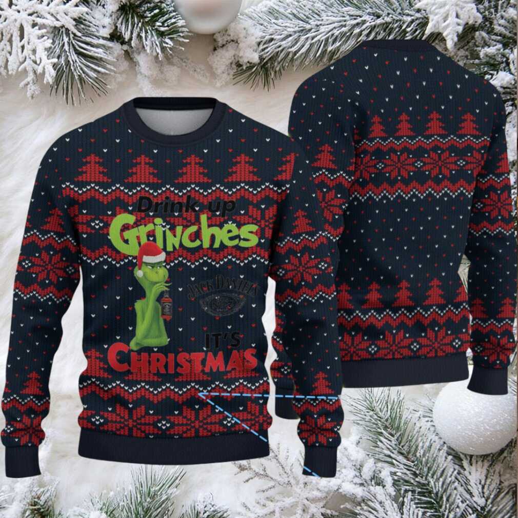Navy and Red Fair Isle Ugly Christmas Sweater Jack Daniel’s Whiskey with Grinch Christmas Trees and Heart Pattern