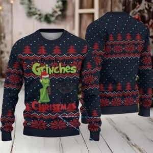 Navy and Red Fair Isle Ugly Christmas Sweater Jack Daniel’s Whiskey with Grinch Christmas Trees and Heart Pattern