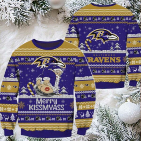 Nfl Baltimore Ravens Nfl 2024 Merrykissmyass Funny Santa Claus Christmas Ugly Sweater