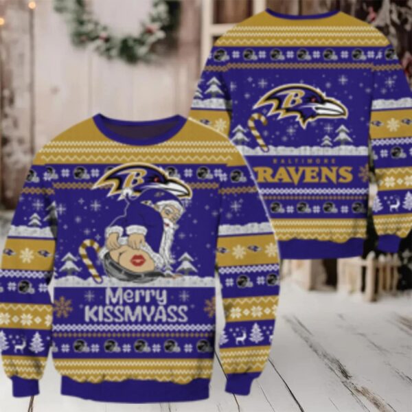 Nfl Baltimore Ravens Nfl 2024 Merrykissmyass Funny Santa Claus Christmas Ugly Sweater