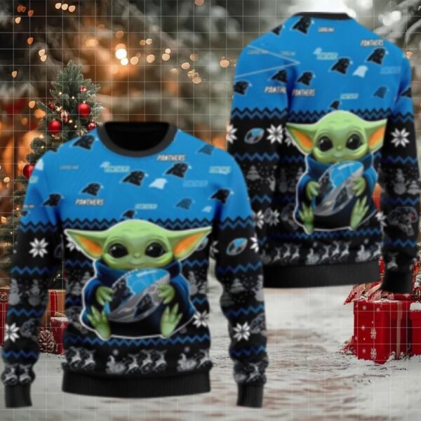 Nfl Carolina Panthers Ugly Christmas Sweater Cute Baby Yoda Unisex Sweater
