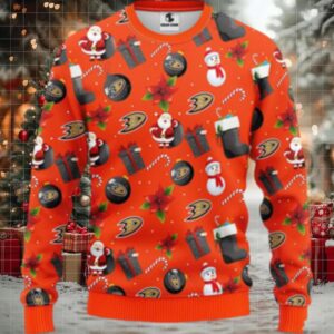 Nhl Anaheim Ducks Ugly Sweater Santa Claus Snowman Ugly Christmas Sweater