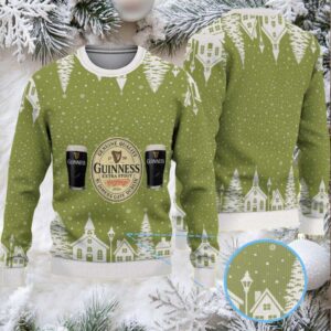 Olive Green Snowy Village Pattern Guinness Beer Ugly Christmas Sweater