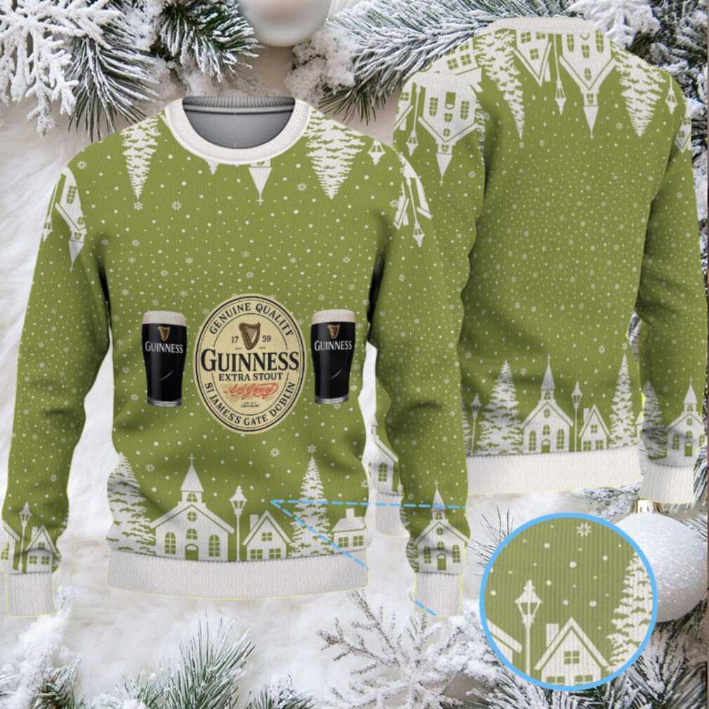 Olive Green Snowy Village Pattern Guinness Beer Ugly Christmas Sweater Olive Green Snowy Village Pattern Guinness Beer Ugly Christmas Sweater