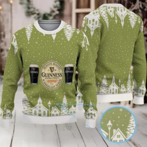 Olive Green Snowy Village Pattern Guinness Beer Ugly Christmas Sweater
