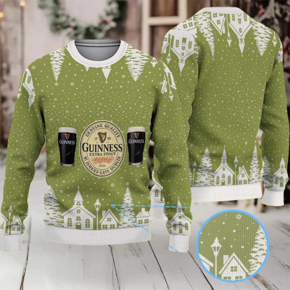 Olive Green Snowy Village Pattern Guinness Beer Ugly Christmas Sweater Olive Green Snowy Village Pattern Guinness Beer Ugly Christmas Sweater