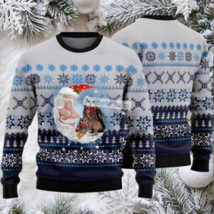 Owl With Santa Moon Ugly Christmas Sweater Adults Blue