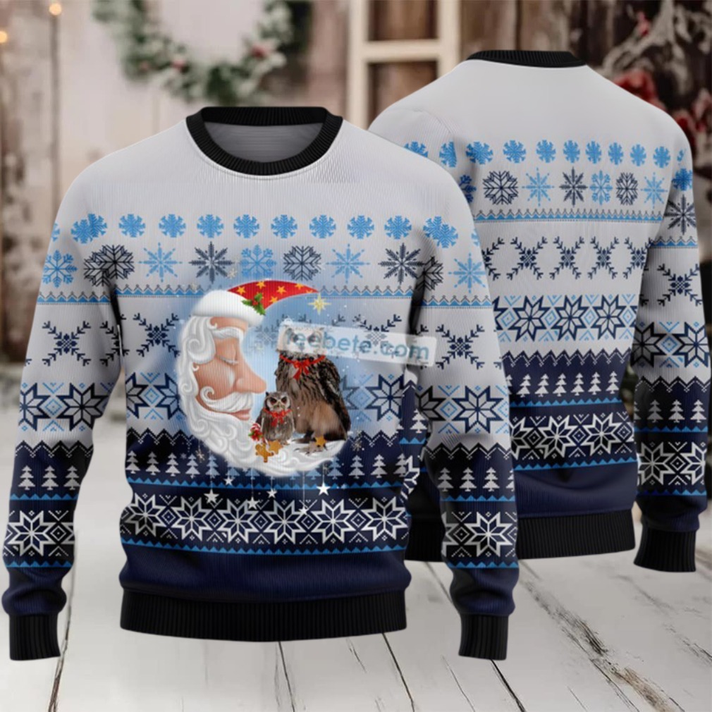 Owl With Santa Moon Ugly Christmas Sweater Adults Blue back