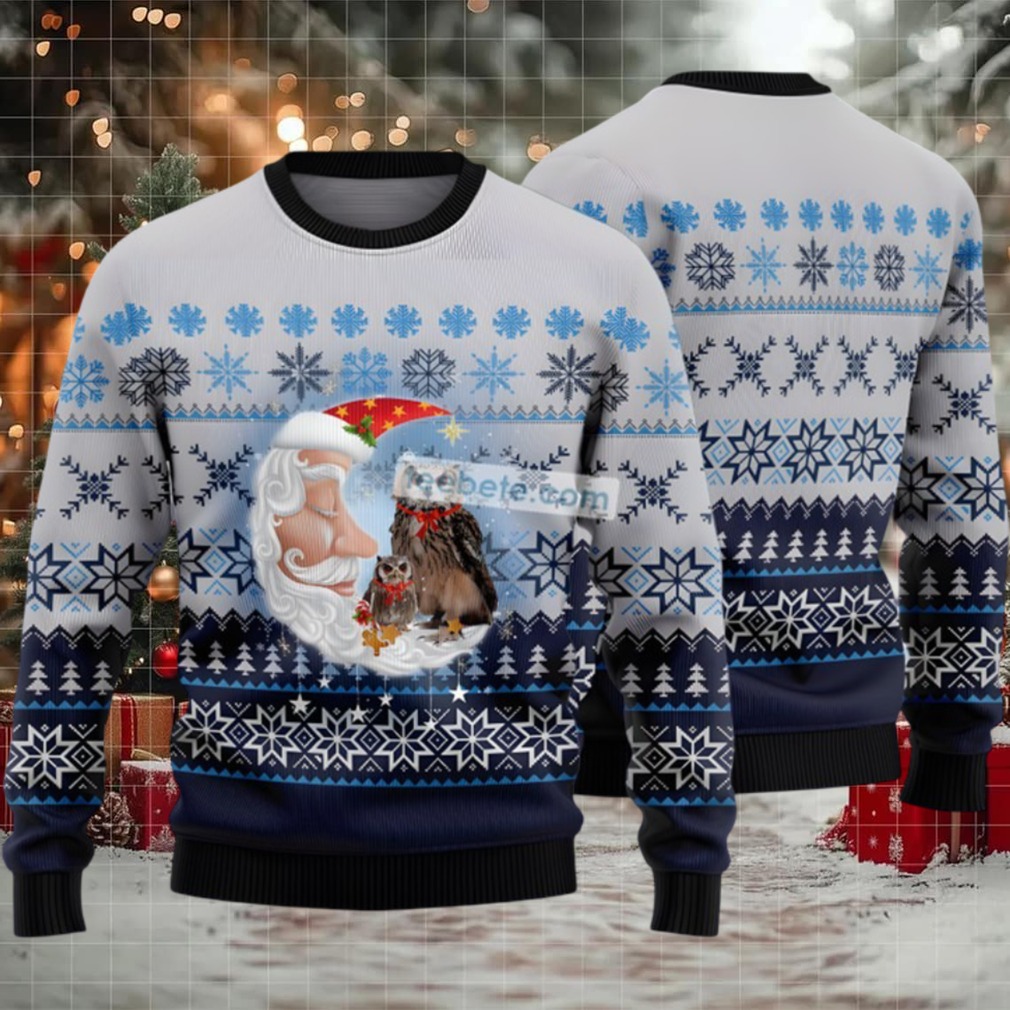 Owl With Santa Moon Ugly Christmas Sweater Adults Blue Owl With Santa Moon Ugly Christmas Sweater Adults Blue