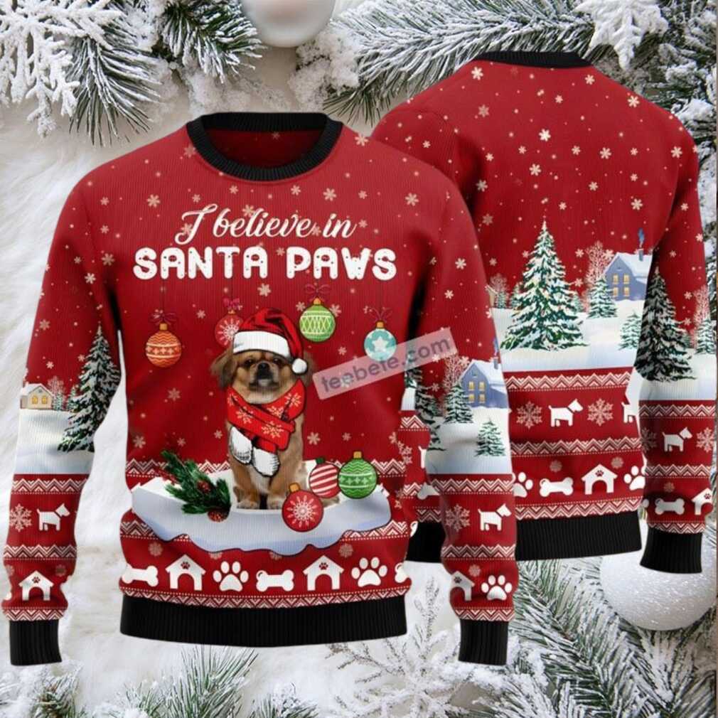 Pekingese I Believe In Santa Paws Ugly Christmas Sweater Red Vacation