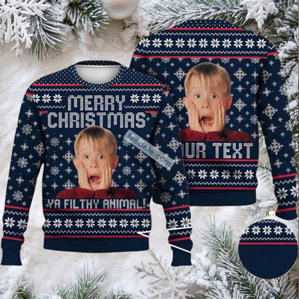 Personalized Home Alone Merry Christmas You Filthy Animal Ugly Christmas Sweater Blue