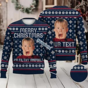 Personalized Home Alone Merry Christmas You Filthy Animal Ugly Christmas Sweater Blue