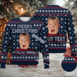 Personalized Home Alone Merry Christmas You Filthy Animal Ugly Christmas Sweater Blue