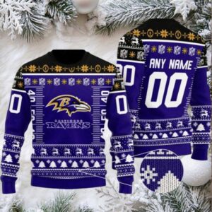 Personalized Ugly Christmas Sweater Baltimore Ravens, Ravens Flock Violet Black Custom Name And Number Gift For Football Fan Ugly Xmas Jumper