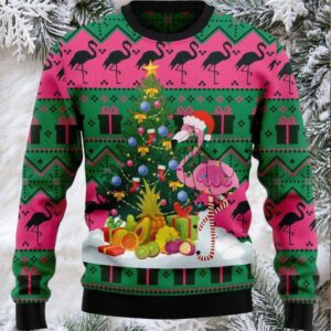 Pink Flamingo With Colorful Light And Pine Tree Gift For Christmas Ugly Christmas Sweater