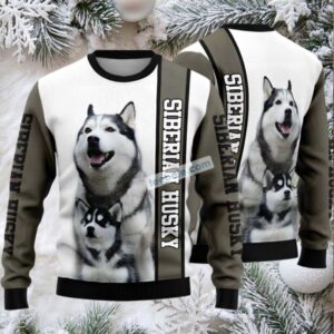 Siberian Husky Family Ugly Christmas Sweater White Vacation