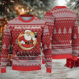 Red Fair Isle Hearts & Christmas Trees Guinness “With Claus” Ugly Christmas Sweater
