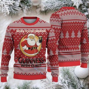Red Fair Isle Hearts & Christmas Trees Guinness “With Claus” Ugly Christmas Sweater