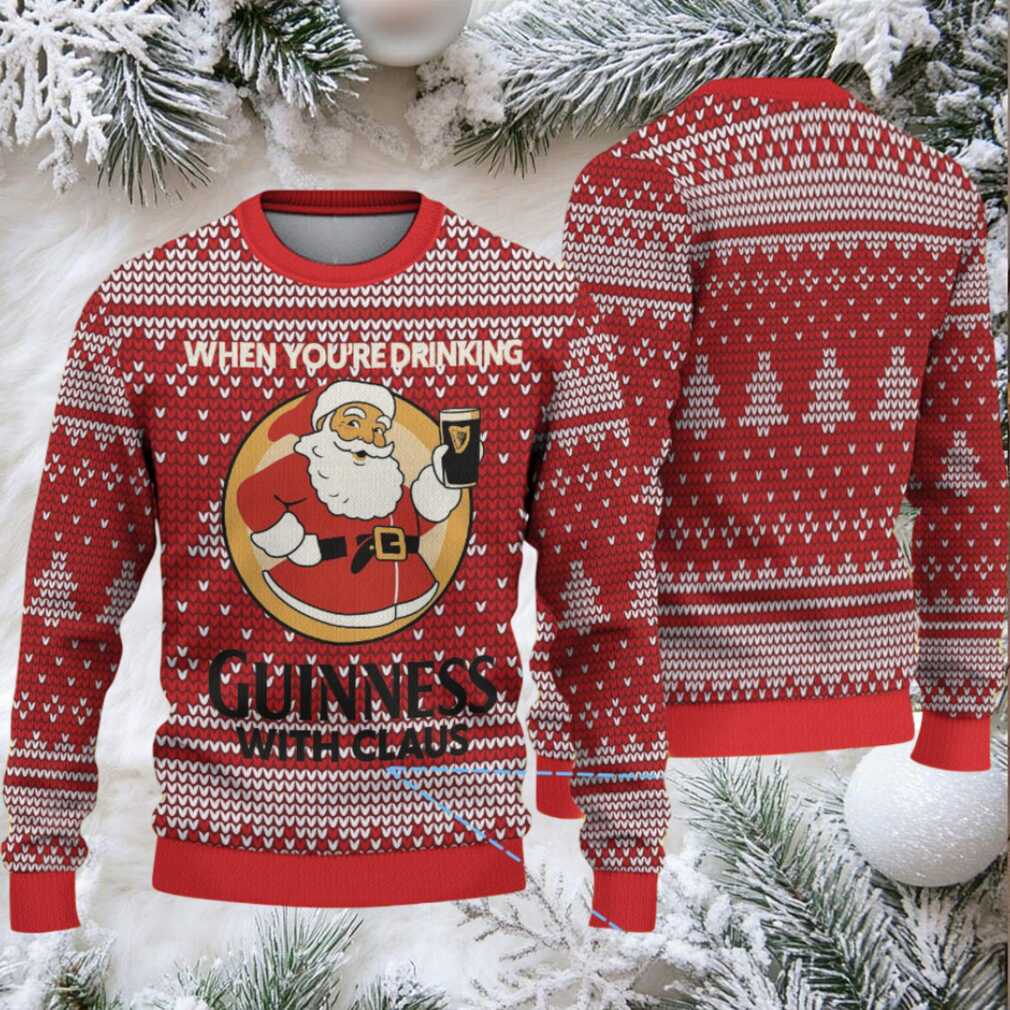 Red Fair Isle Hearts & Christmas Trees Guinness “With Claus” Ugly Christmas Sweater Red Fair Isle Hearts & Christmas Trees Guinness “With Claus” Ugly Christmas Sweater