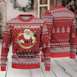 Red Fair Isle Hearts & Christmas Trees Guinness “With Claus” Ugly Christmas Sweater