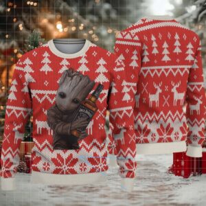 Red Fair Isle Reindeer and Tree Ugly Christmas Sweater Jack Daniel’s Whiskey with Baby Groot Holding Bottle