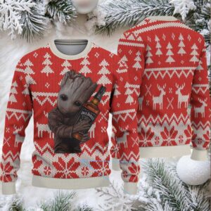 Red Fair Isle Reindeer and Tree Ugly Christmas Sweater Jack Daniel’s Whiskey with Baby Groot Holding Bottle