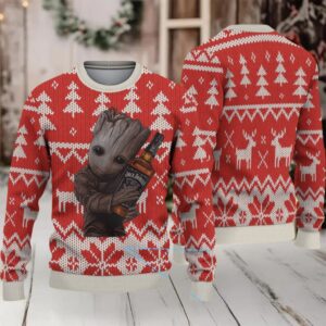 Red Fair Isle Reindeer and Tree Ugly Christmas Sweater Jack Daniel’s Whiskey with Baby Groot Holding Bottle