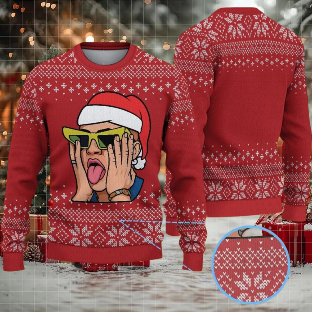 Red Fair Isle Snowflake Ugly Christmas Sweater Bad Bunny in Santa Hat with Neon Sunglasses Red Fair Isle Snowflake Ugly Christmas Sweater Bad Bunny in Santa Hat with Neon Sunglasses