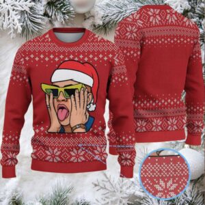 Red Fair Isle Snowflake Ugly Christmas Sweater Bad Bunny in Santa Hat with Neon Sunglasses