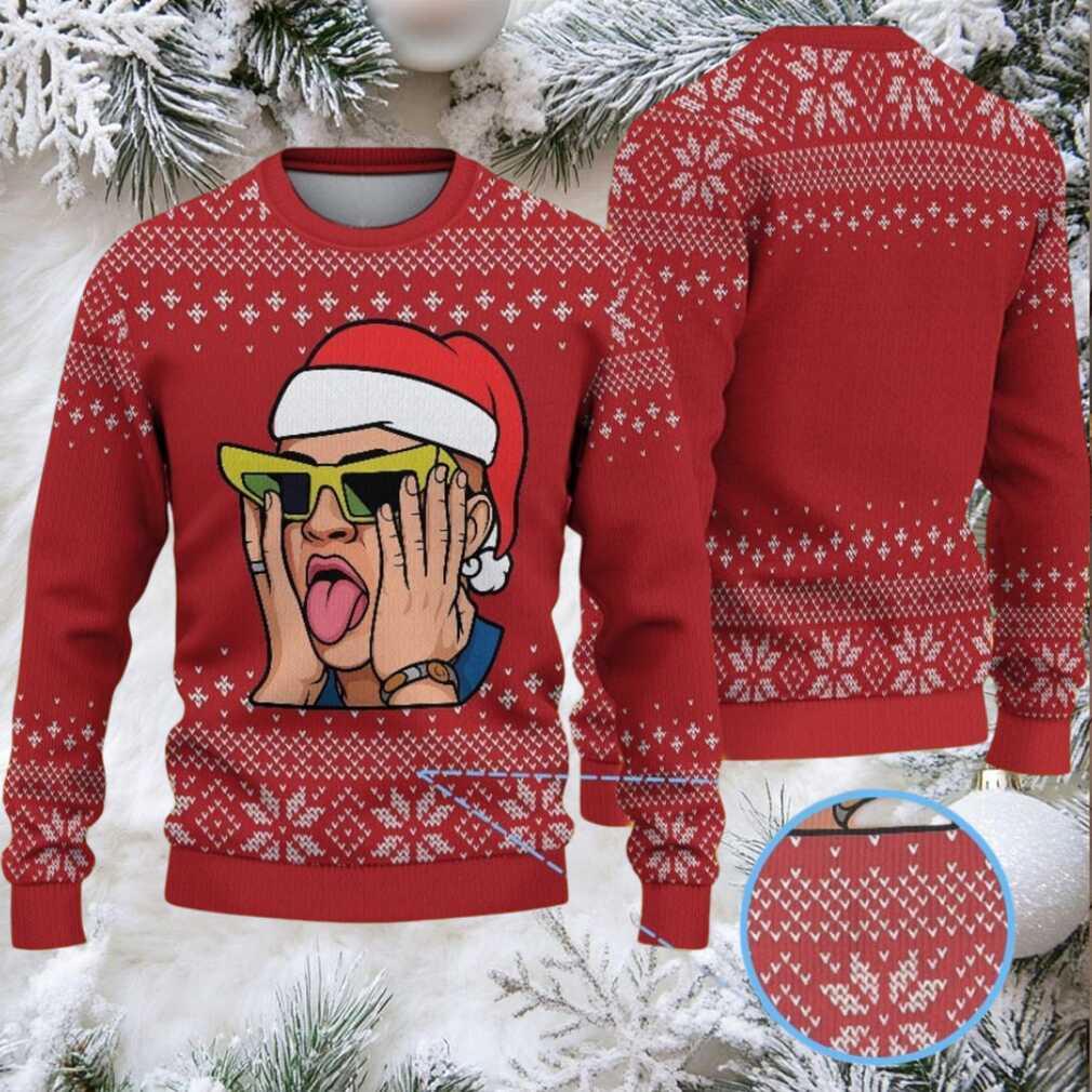 Red Fair Isle Snowflake Ugly Christmas Sweater Bad Bunny in Santa Hat with Neon Sunglasses Red Fair Isle Snowflake Ugly Christmas Sweater Bad Bunny in Santa Hat with Neon Sunglasses