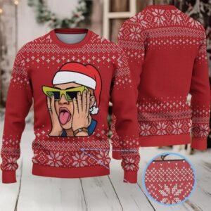 Red Fair Isle Snowflake Ugly Christmas Sweater Bad Bunny in Santa Hat with Neon Sunglasses