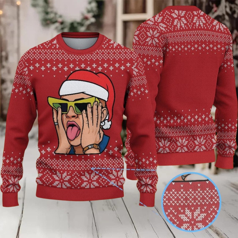 Red Fair Isle Snowflake Ugly Christmas Sweater Bad Bunny in Santa Hat with Neon Sunglasses Red Fair Isle Snowflake Ugly Christmas Sweater Bad Bunny in Santa Hat with Neon Sunglasses