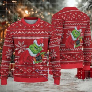 Red Fair Isle Snowflake Ugly Christmas Sweater Jack Daniel’s Whiskey with Grinch Holding Bottle Pattern