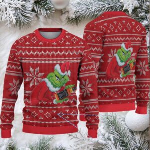 Red Fair Isle Snowflake Ugly Christmas Sweater Jack Daniel’s Whiskey with Grinch Holding Bottle Pattern