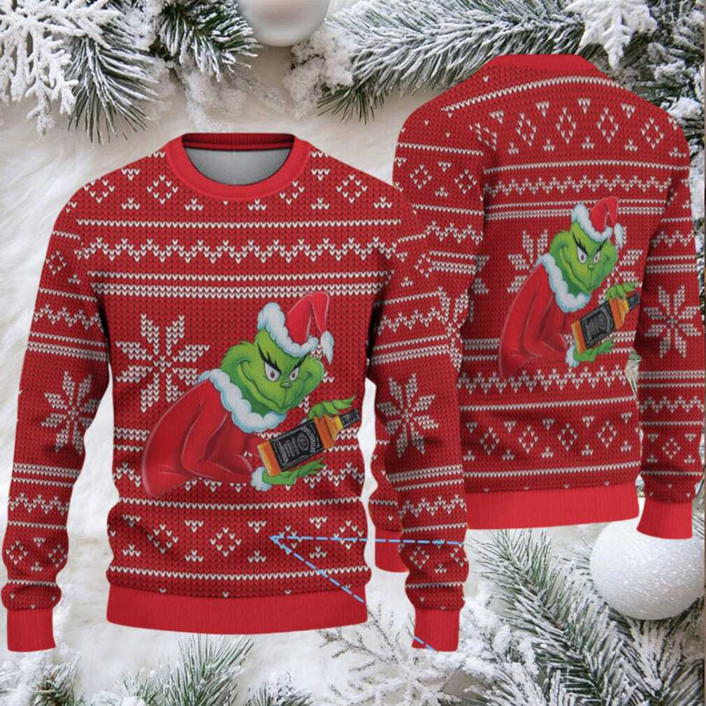 Red Fair Isle Snowflake Ugly Christmas Sweater Jack Daniel’s Whiskey with Grinch Holding Bottle Pattern Red Fair Isle Snowflake Ugly Christmas Sweater Jack Daniel’s Whiskey with Grinch Holding Bottle Pattern