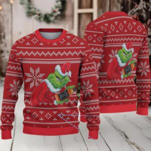 Red Fair Isle Snowflake Ugly Christmas Sweater Jack Daniel’s Whiskey with Grinch Holding Bottle Pattern