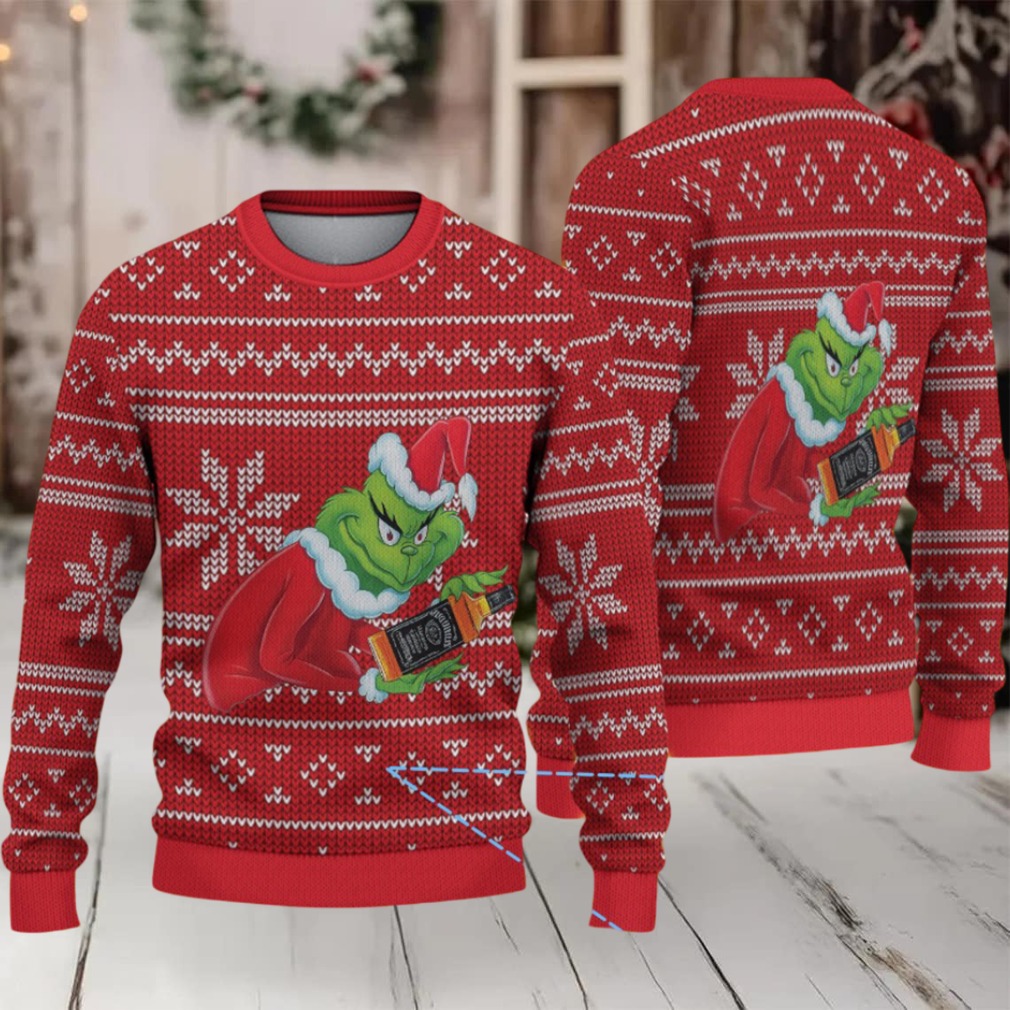 Red Fair Isle Snowflake Ugly Christmas Sweater Jack Daniel’s Whiskey with Grinch Holding Bottle Pattern Red Fair Isle Snowflake Ugly Christmas Sweater Jack Daniel’s Whiskey with Grinch Holding Bottle Pattern