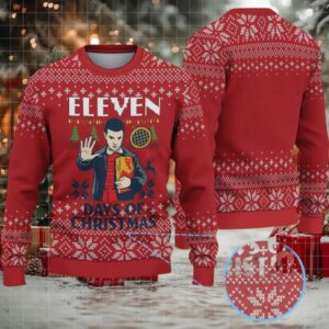 Red Fair Isle Snowflake Ugly Christmas Sweater Stranger Things Eleven Days of Christmas with Eggo Waffle