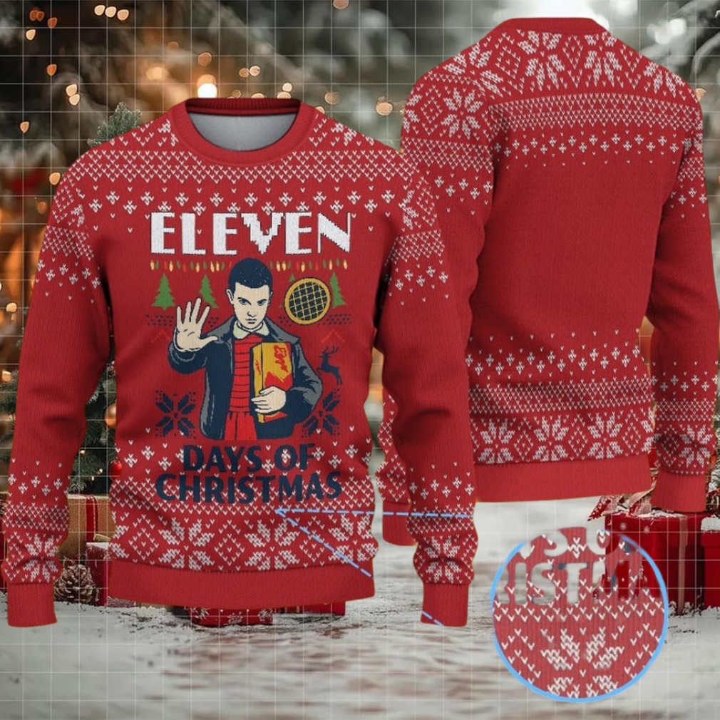 Red Fair Isle Snowflake Ugly Christmas Sweater Stranger Things Eleven Days of Christmas with Eggo Waffle Red Fair Isle Snowflake Ugly Christmas Sweater Stranger Things Eleven Days of Christmas with Eggo Waffle