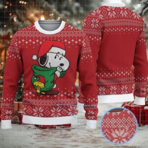 Red Fair Isle Snowflake Ugly Christmas Sweater – Snoopy & Woodstock with Santa Hat and Green Stocking