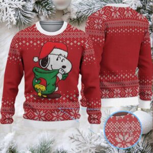 Red Fair Isle Snowflake Ugly Christmas Sweater – Snoopy & Woodstock with Santa Hat and Green Stocking