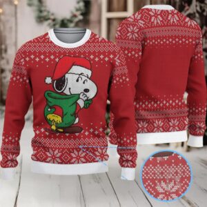 Red Fair Isle Snowflake Ugly Christmas Sweater – Snoopy & Woodstock with Santa Hat and Green Stocking