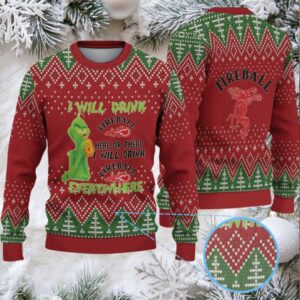 Red & Green Christmas Tree Pattern “Fireball Cinnamon Whisky & Grinch” Ugly Holiday Sweater