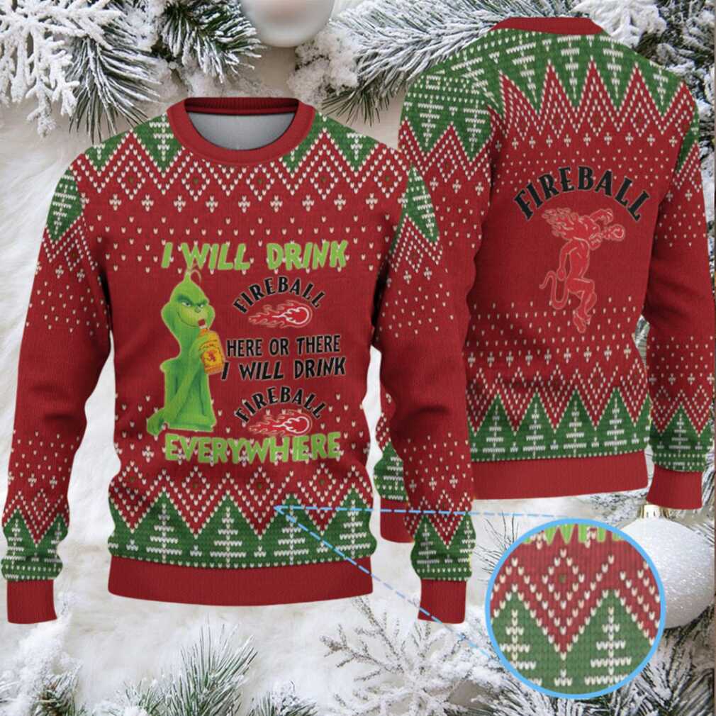 Red & Green Christmas Tree Pattern “Fireball Cinnamon Whisky & Grinch” Ugly Holiday Sweater
