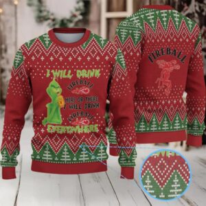 Red & Green Christmas Tree Pattern “Fireball Cinnamon Whisky & Grinch” Ugly Holiday Sweater