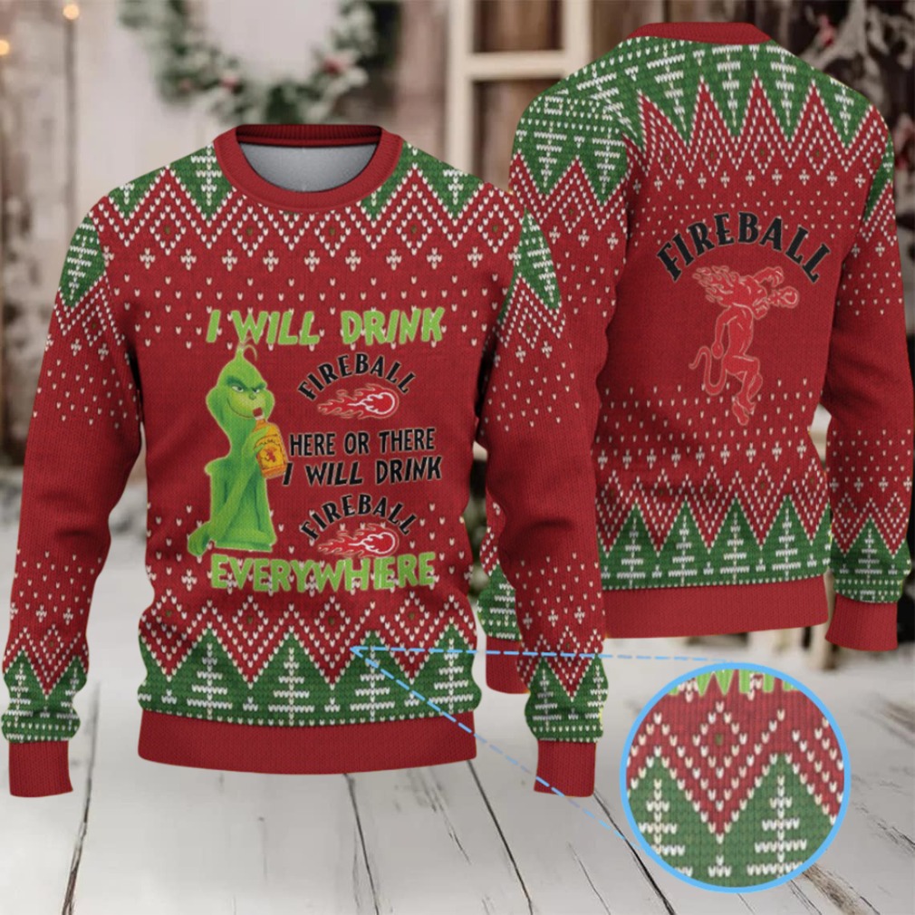 Red & Green Christmas Tree Pattern “Fireball Cinnamon Whisky & Grinch” Ugly Holiday Sweater