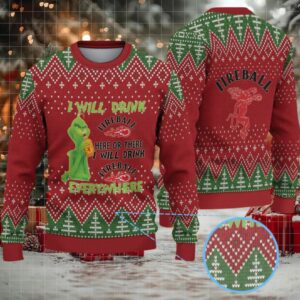 Red & Green Christmas Tree Pattern “Fireball Cinnamon Whisky & Grinch” Ugly Holiday Sweater